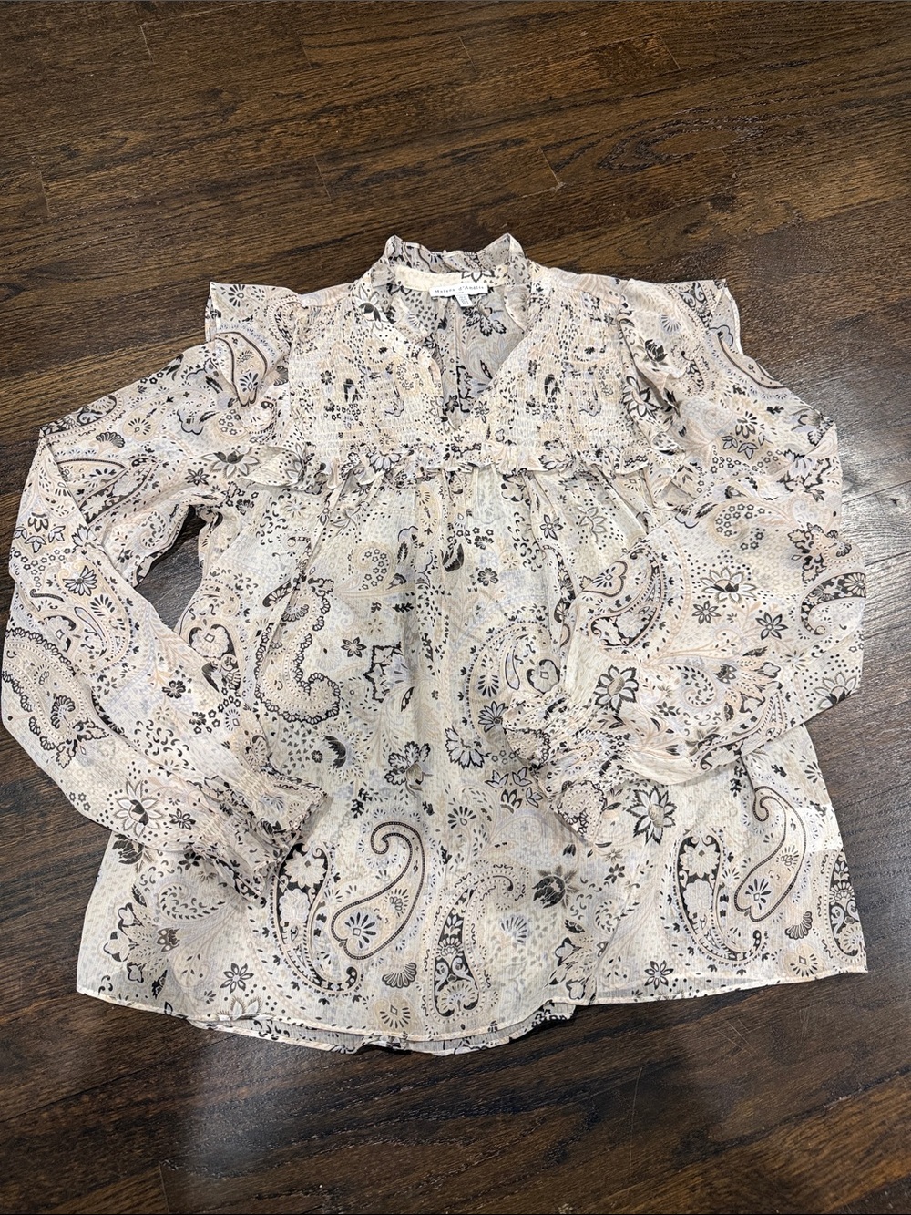 Smocked Yoke Paisley Long-Sleeve Blouse in Light Pink
